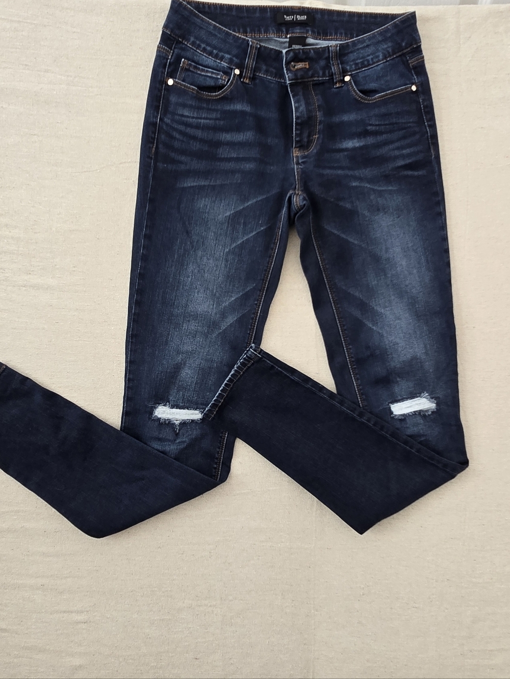 White House Black Market Dark Indigo Skinny Jeans with Knee Distress
